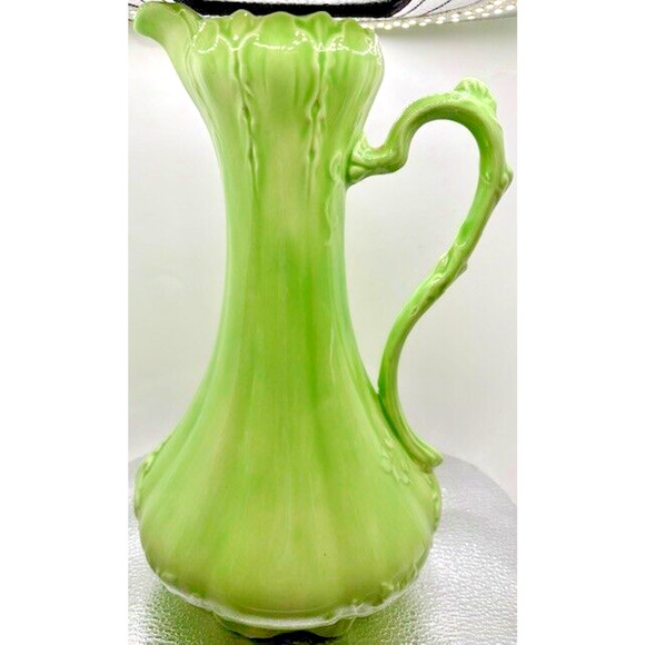 Victorian Style GREEN Ornate Ceramic Pitcher with Wash Basin Hand Painted - Picture 2 of 11